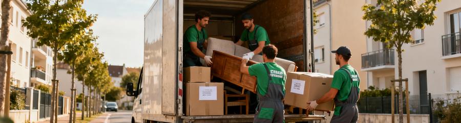 Équipe débarras chargeant encombrants camion, organisation méthodique quartier résidentiel Bourgogne