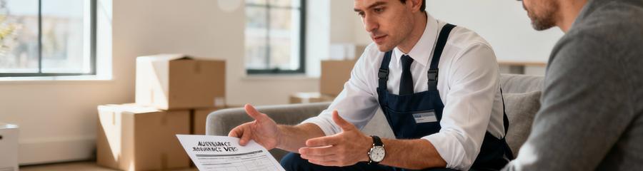 Professionnel débarras présentant documents assurance et devis détaillé à client, transparence garantie