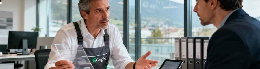 Client consultant devis débarras détaillé avec professionnel, bureau agence Grenoble