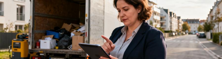 Professionnelle débarras consultant planning devant camion, quartier résidentiel Rennes