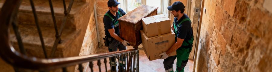 Débarrasseurs évacuant mobilier escalier étroit immeuble ancien Perpignan, accès contraignant