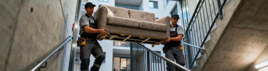 Débarrasseurs transportant canapé escaliers immeuble urbain, contrainte étage sans ascenseur