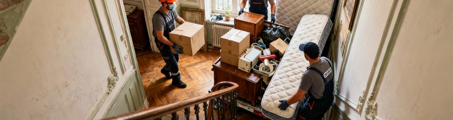 Équipe débarras évacuant mobilier et encombrants appartement ancien Lille, escalier étroit