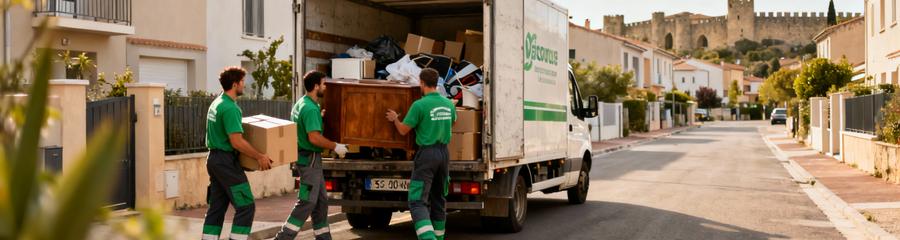 Debarras Aude Evacuation Encombrants Equipe Équipe débarras évacuant encombrants maison Aude, camion et professionnels coordonnés