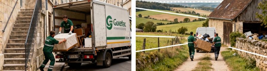 Diptyque débarras Bourgogne : rue étroite urbaine Dijon et ferme isolée Jura, contraintes accès spécifiques