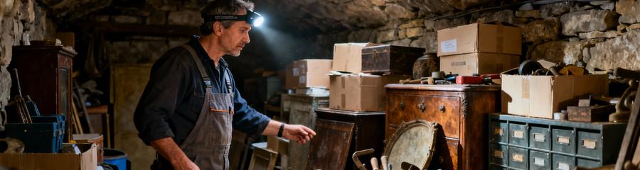Professionnel débarras inspectant objets cave encombrée, expertise valorisation encombrants