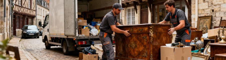 Professionnels évacuant mobilier rue étroite centre historique, architecture normande typique
