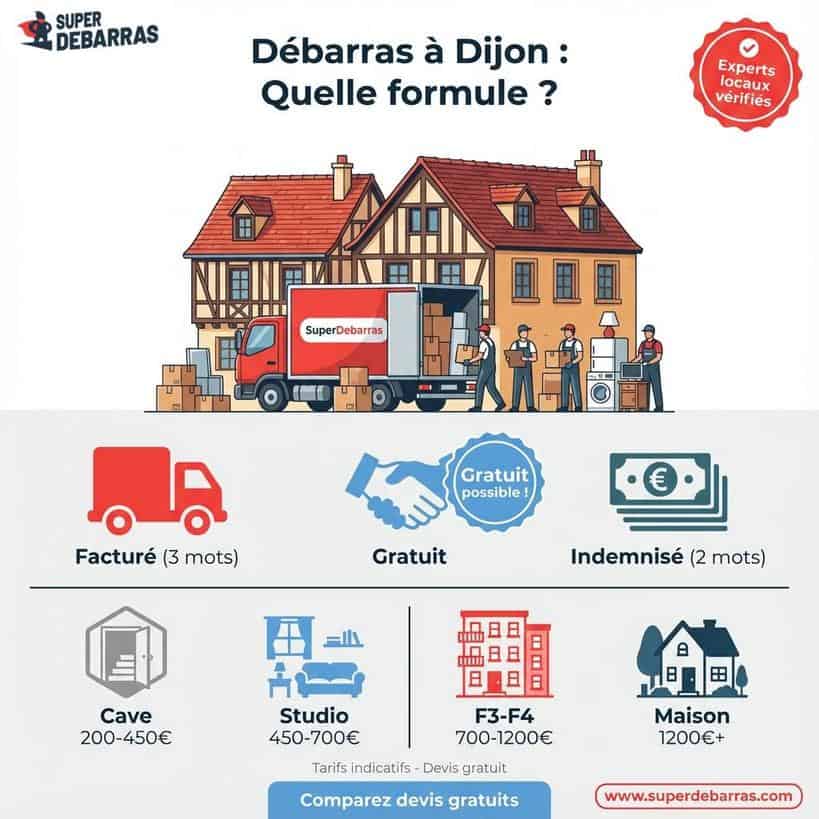 Infographie débarras Dijon : 3 formules (facturé, gratuit, indemnisé) et tarifs indicatifs cave, studio, appartement, maison