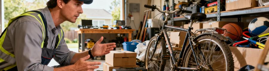 Professionnel évaluant objets garage encombré, vélos et outils pour valorisation