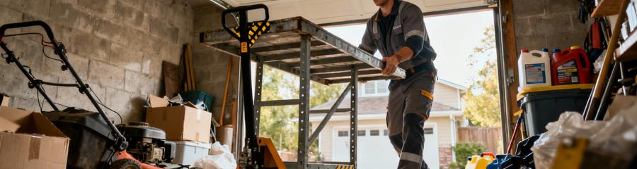 Professionnel évacuant établi métallique lourd garage encombré, diable renforcé et gestes techniques