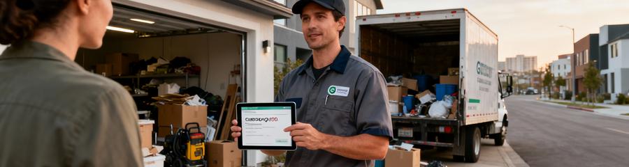 Professionnel débarras présentant devis client devant garage encombré, consultation personnalisée