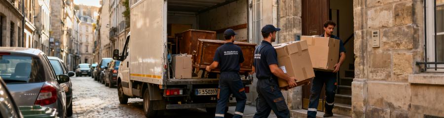 Débarrasseurs transportant encombrants rue étroite centre historique, portage manuel contraintes accès