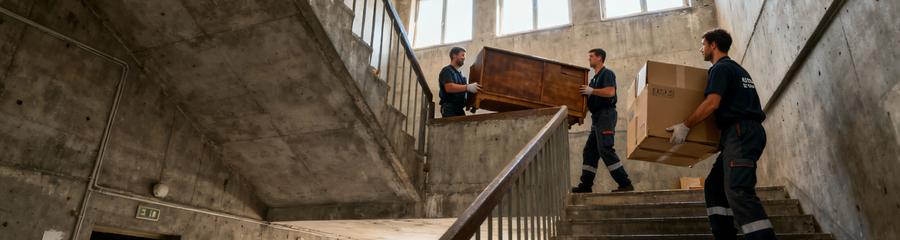Débarrasseurs évacuant encombrants escaliers immeuble Perret Le Havre, architecture béton typique