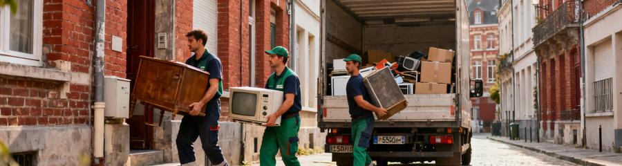 Équipe débarras évacuant encombrants immeuble ancien Vieux-Lille, rue pavée typique