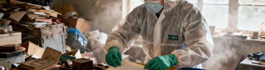 Professionnel équipé triant objets logement insalubre, protocole débarras spécialisé syndrome Diogène