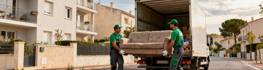 Debarras Nimes Acces Facile Zone Pavillonnaire Débarrasseurs transportant canapé volumineux, accès facilité zone pavillonnaire Nîmes Métropole