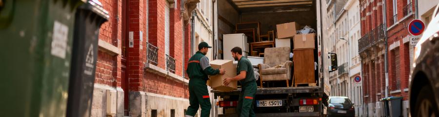 Débarrasseurs évacuant encombrants rue pavée étroite Vieux-Lille, camion 3,5 tonnes