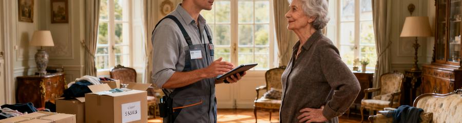 Professionnel débarras accompagnant client âgé, échange bienveillant intérieur encombré Côte-d'Or