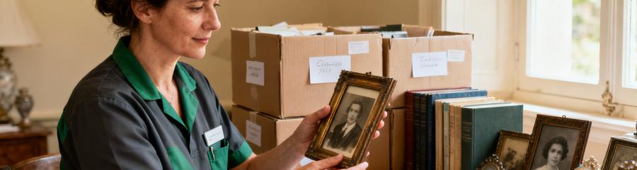 Professionnelle triant objets succession avec empathie, cadres photos et souvenirs personnels
