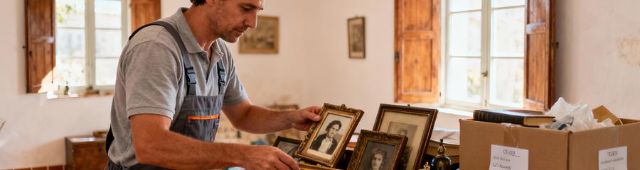Professionnel triant objets succession Gard, manipulation respectueuse souvenirs famille