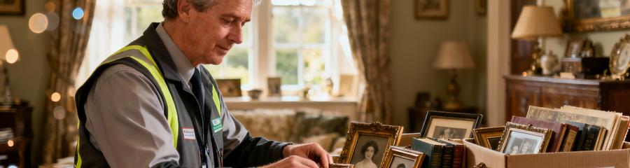 Professionnel débarras succession manipulant objets personnels avec délicatesse et respect