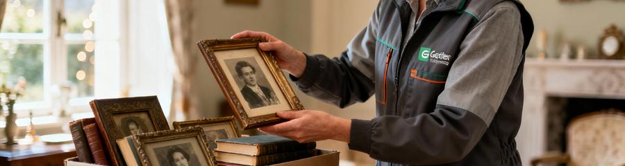 Professionnel triant objets succession avec soin, cadres photos et souvenirs personnels