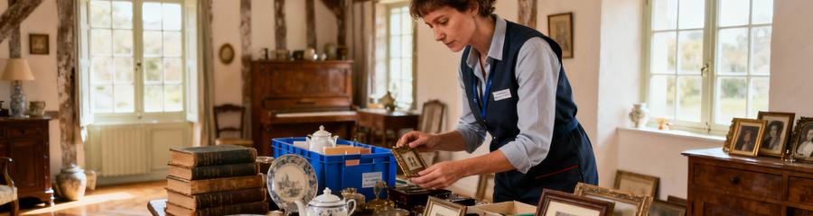 Professionnel triant objets succession maison normande, tri méthodique et respectueux