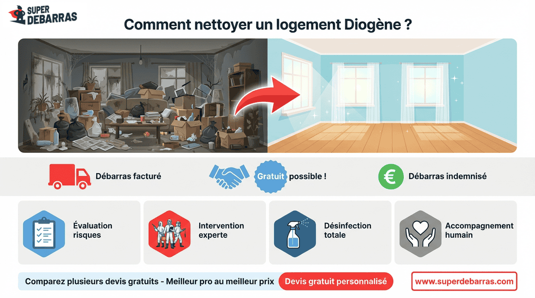 Débarras Syndrome de Diogène – Guide Nettoyage Logement Guide débarras syndrome Diogène : formules, étapes intervention, avant-après nettoyage logement encombré avec tarifs