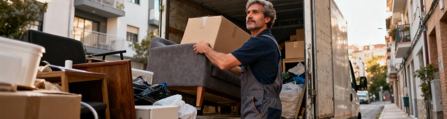 Débarrasseur chargeant encombrants camion compact rue urbaine étroite, stationnement contraint