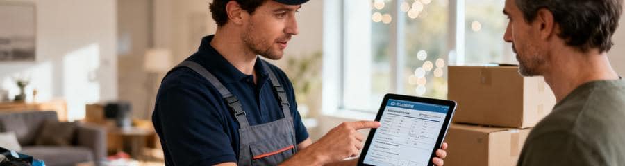 Professionnel présentant devis débarras détaillé sur tablette à client, estimation volume et valorisation