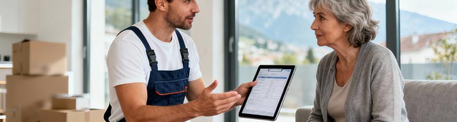 Professionnelle présentant devis débarras détaillé cliente, consultation transparente salon grenoblois