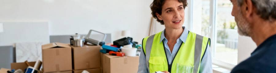 Devis Debarras Professionnel Aude Conseil Professionnelle présentant devis débarras détaillé à client, conseil personnalisé transparent