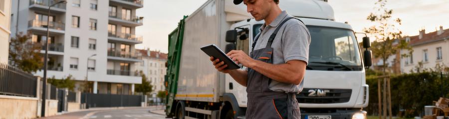 Devis Debarras Professionnel Plateforme Lyon Débarrasseur consultant devis numérique devant camion, quartier résidentiel Lyon