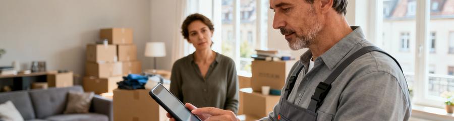 Devis Debarras Strasbourg Evaluation Volume Professionnel évaluant volume débarras appartement Strasbourg, consultation client sur tablette