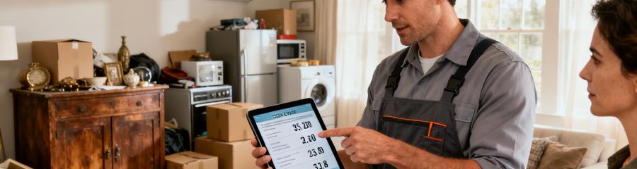 Professionnel présentant devis détaillé débarras à propriétaire, évaluation transparente objets valorisables