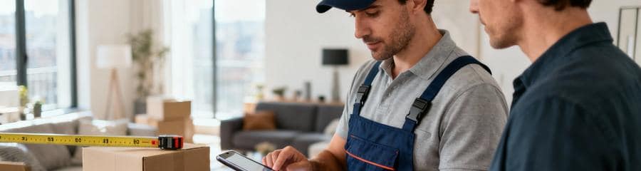 Estimation Debarras Personnalisee Visite Aude Débarrasseur évaluant volumes appartement avec tablette, estimation personnalisée sur place