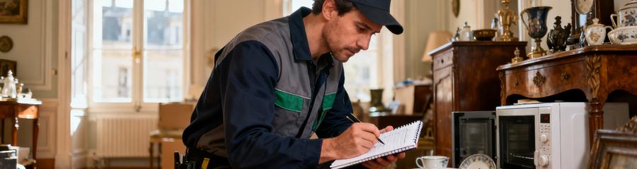 Expert débarras inspectant meubles et objets valorisables pour estimation tarif Dijon