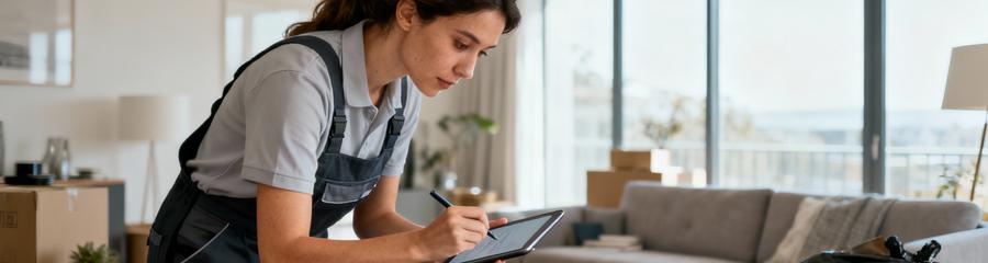 Professionnelle évaluant volume encombrants appartement Nord avec mètre laser, inventaire précis