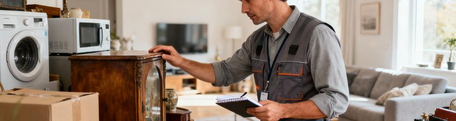 Expert évaluant objets débarras pour déterminer tarification gratuit payant ou indemnisé