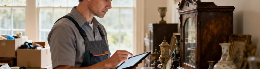 Expert débarras évaluant mobilier ancien et objets valorisables avec tablette professionnelle