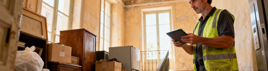 Evaluation Tarif Debarras Acces Nimes Professionnel évaluant encombrants et accès difficile pour tarif débarras appartement Nîmes