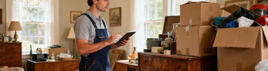 Professionnel évaluant volume encombrants maison succession, tablette et mobilier ancien