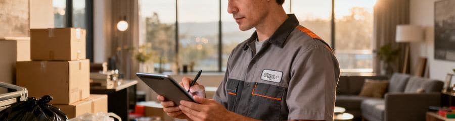 Professionnel évaluant volume encombrants pour établir devis débarras personnalisé