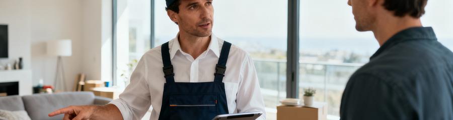 Professionnel évaluant type débarras avec client, consultation personnalisée appartement