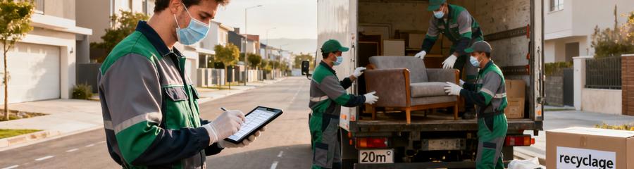 Équipe débarras coordonnant intervention complète, évacuation mobilier et tri recyclage organisé