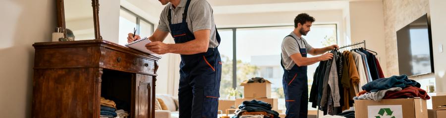 Intervention Debarras Tri Valorisation Aude Professionnels effectuant tri méthodique objets débarras, valorisation et recyclage organisés