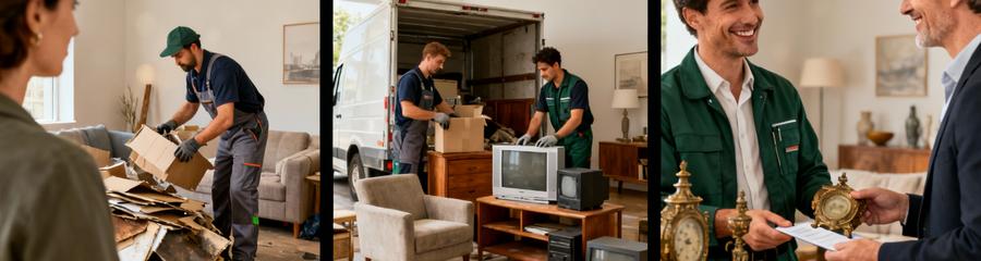 Triptyque modèles tarification débarras : facturé, sans frais, indemnisé avec professionnels