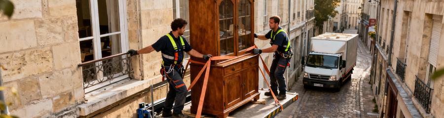 Débarrasseurs utilisant monte-meubles extérieur pour évacuer buffet massif immeuble ancien Dijon