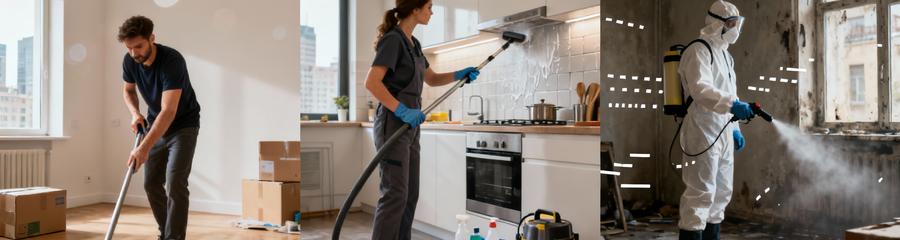 Triptyque niveaux nettoyage post-débarras : standard, approfondi et désinfection professionnelle