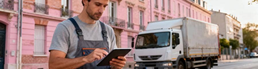 Professionnel débarras consultant planning tablette devant immeuble toulousain, préparation intervention urbaine